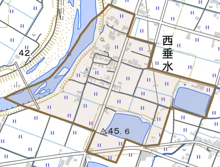 西垂水とその周辺の地図。町の範囲を重ねている