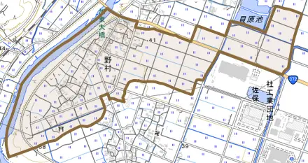 野村とその周辺の地図。町の範囲を重ねている