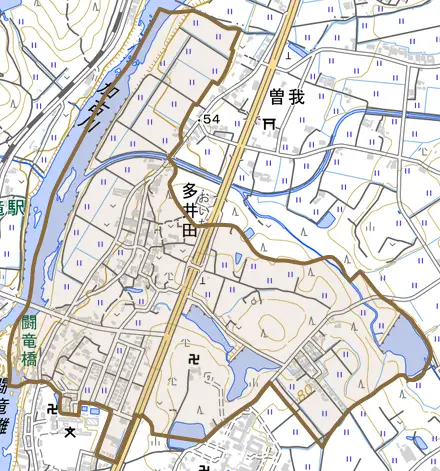 多井田とその周辺の地図。町の範囲を重ねている