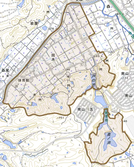 岡本とその周辺の地図。町の範囲を重ねている
