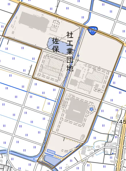 佐保とその周辺の地図。町の範囲を重ねている
