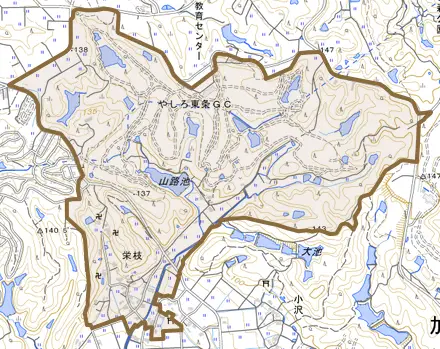 栄枝とその周辺の地図。町の範囲を重ねている