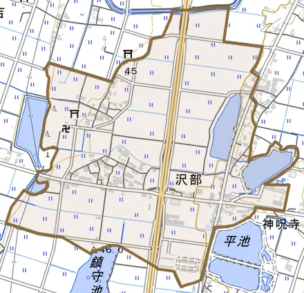 沢部とその周辺の地図。町の範囲を重ねている