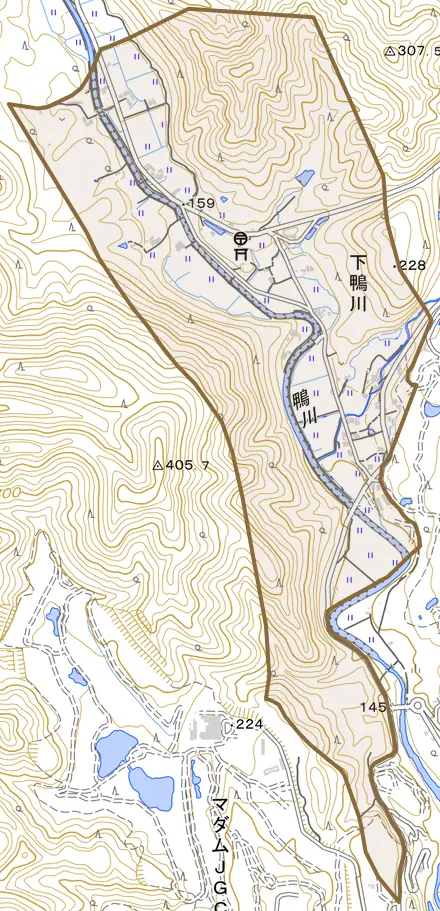 下鴨川とその周辺の地図。町の範囲を重ねている