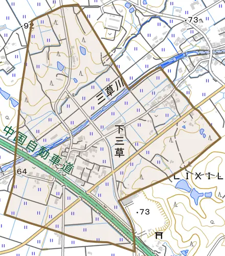 下三草とその周辺の地図。町の範囲を重ねている