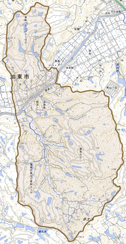 新定とその周辺の地図。町の範囲を重ねている