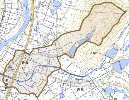曽我とその周辺の地図。町の範囲を重ねている