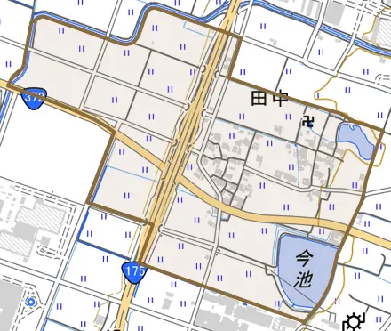 田中とその周辺の地図。町の範囲を重ねている