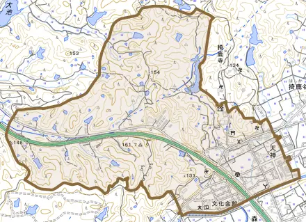 天神とその周辺の地図。町の範囲を重ねている