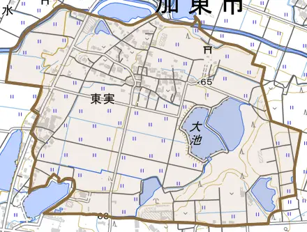 東実とその周辺の地図。町の範囲を重ねている