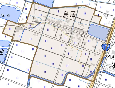 鳥居とその周辺の地図。町の範囲を重ねている