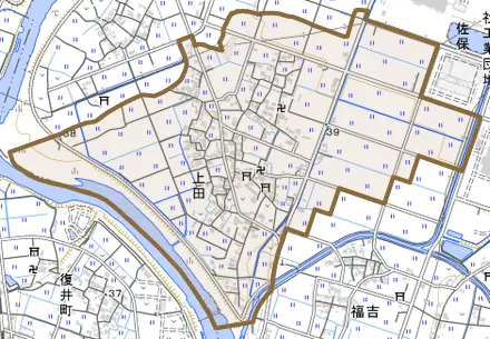 上田とその周辺の地図。町の範囲を重ねている