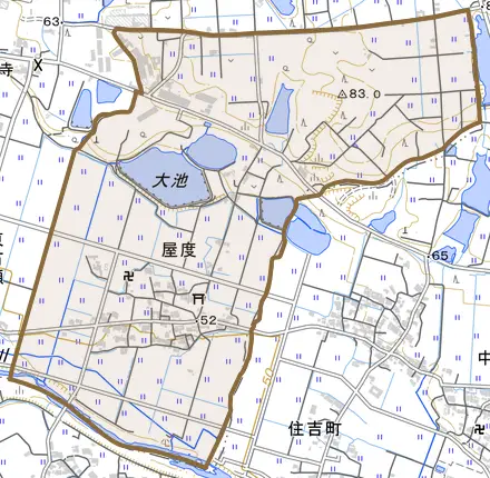 屋度とその周辺の地図。町の範囲を重ねている