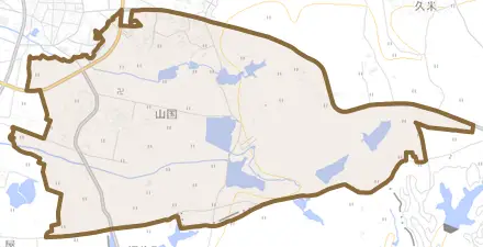 山国とその周辺の地図。町の範囲を重ねている