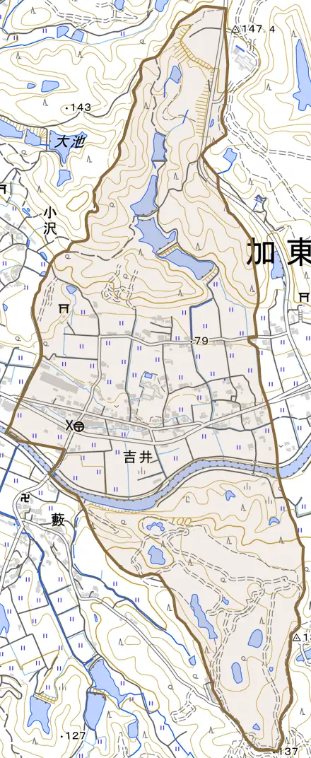 吉井とその周辺の地図。町の範囲を重ねている