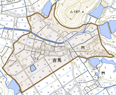 吉馬とその周辺の地図。町の範囲を重ねている