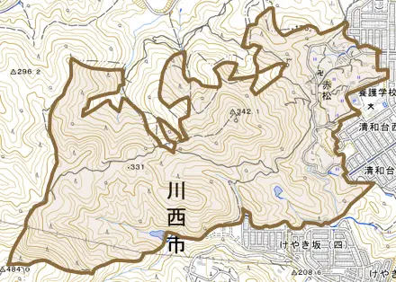 赤松とその周辺の地図。町の範囲を重ねている