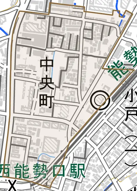 中央町とその周辺の地図。町の範囲を重ねている