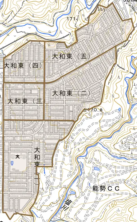 大和東とその周辺の地図。町の範囲を重ねている