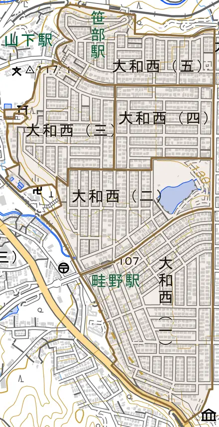 大和西とその周辺の地図。町の範囲を重ねている