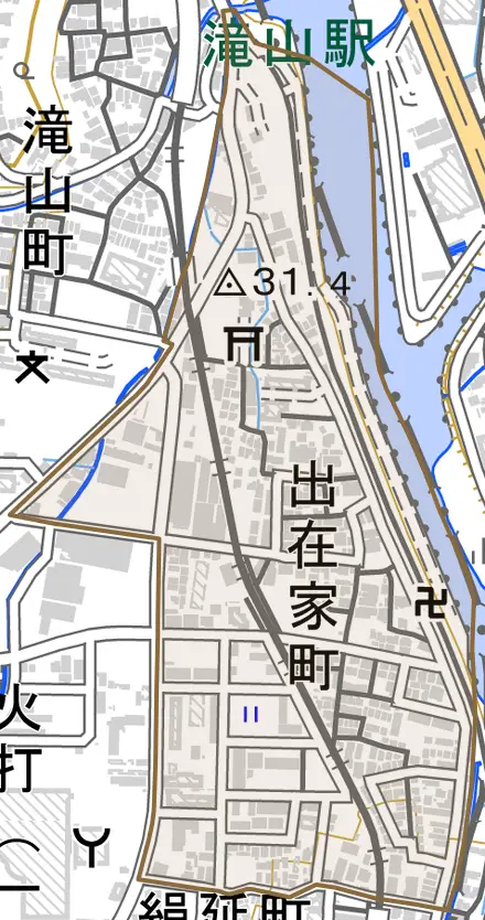 出在家町とその周辺の地図。町の範囲を重ねている