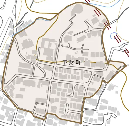 下財町とその周辺の地図。町の範囲を重ねている