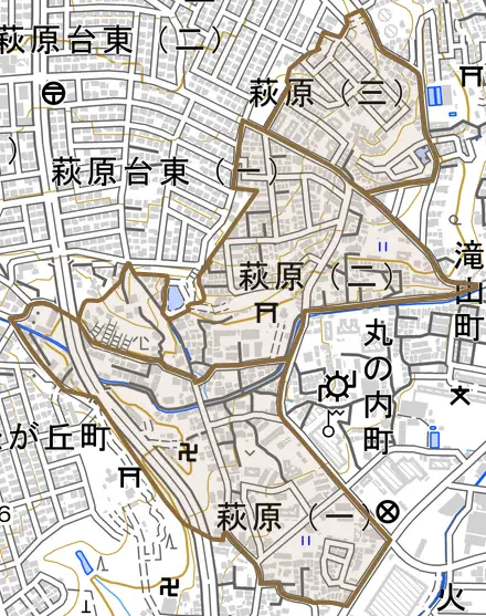 萩原とその周辺の地図。町の範囲を重ねている