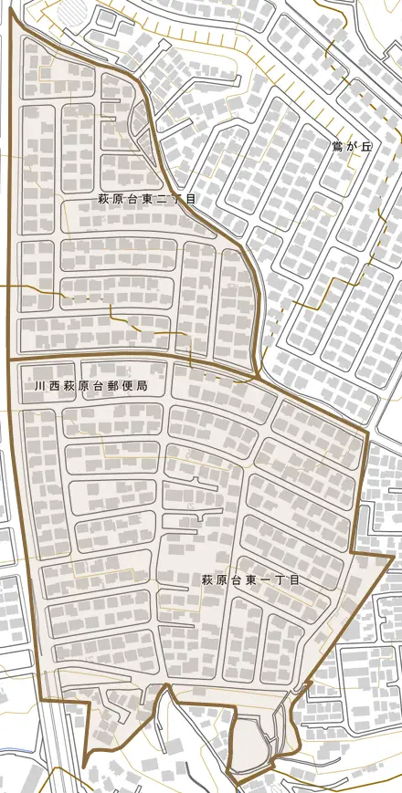 萩原台東とその周辺の地図。町の範囲を重ねている