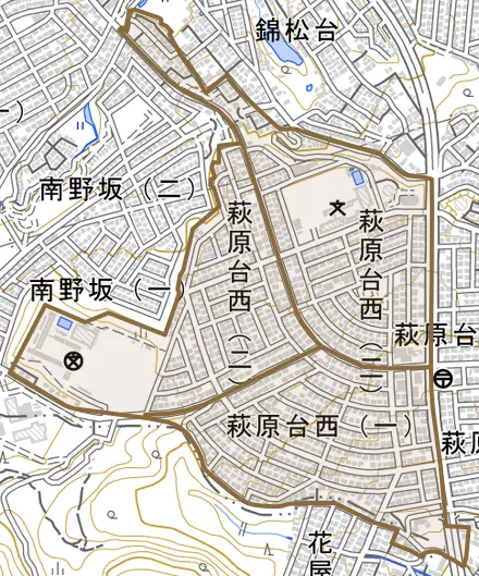 萩原台西とその周辺の地図。町の範囲を重ねている