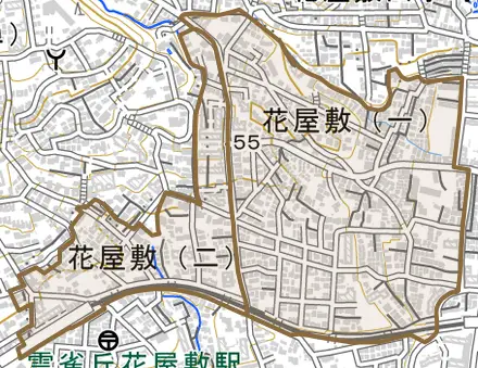 花屋敷とその周辺の地図。町の範囲を重ねている