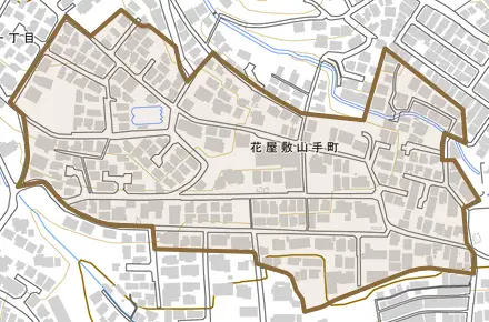 花屋敷山手町とその周辺の地図。町の範囲を重ねている