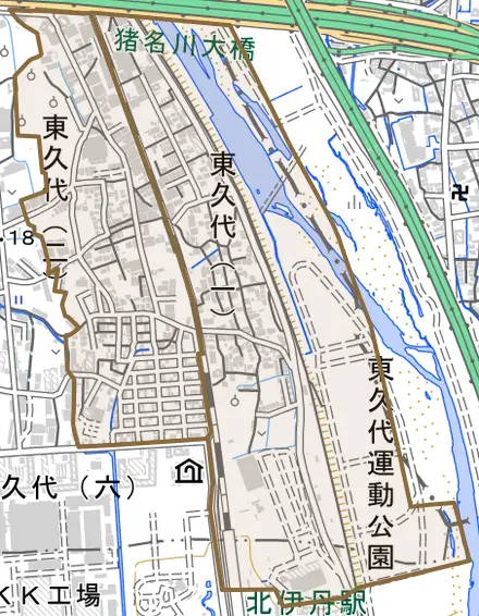 東久代とその周辺の地図。町の範囲を重ねている