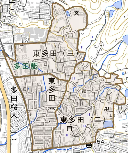 東多田とその周辺の地図。町の範囲を重ねている