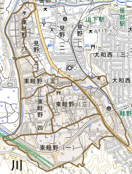 東畦野とその周辺の地図。町の範囲を重ねている