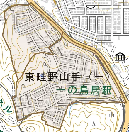 東畦野山手とその周辺の地図。町の範囲を重ねている