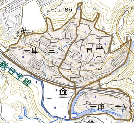 一庫とその周辺の地図。町の範囲を重ねている