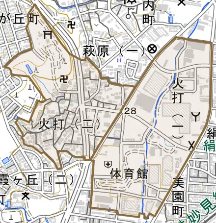 火打とその周辺の地図。町の範囲を重ねている