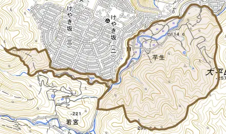 芋生とその周辺の地図。町の範囲を重ねている