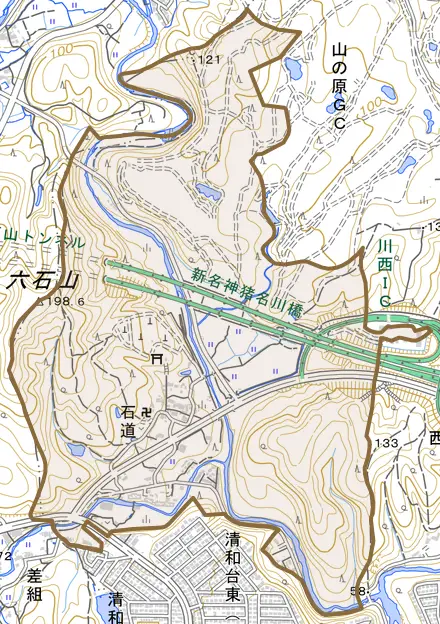 石道とその周辺の地図。町の範囲を重ねている