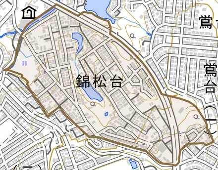 錦松台とその周辺の地図。町の範囲を重ねている