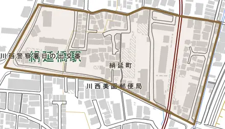 絹延町とその周辺の地図。町の範囲を重ねている