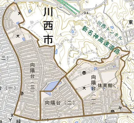 向陽台とその周辺の地図。町の範囲を重ねている
