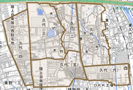 久代とその周辺の地図。町の範囲を重ねている