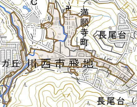 満願寺町とその周辺の地図。町の範囲を重ねている