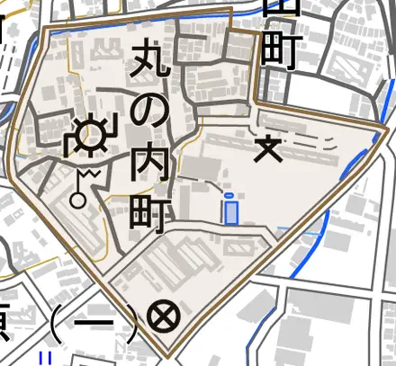丸の内町とその周辺の地図。町の範囲を重ねている