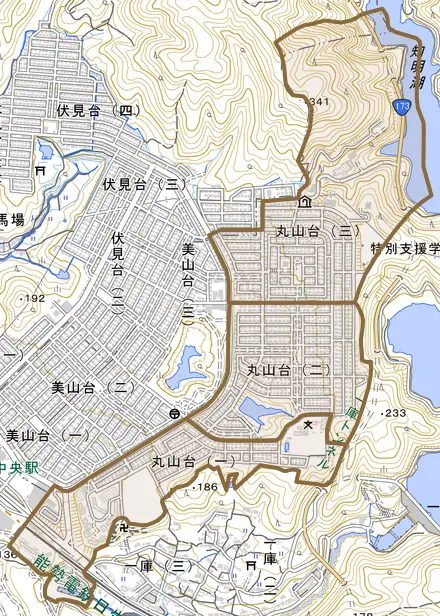 丸山台とその周辺の地図。町の範囲を重ねている