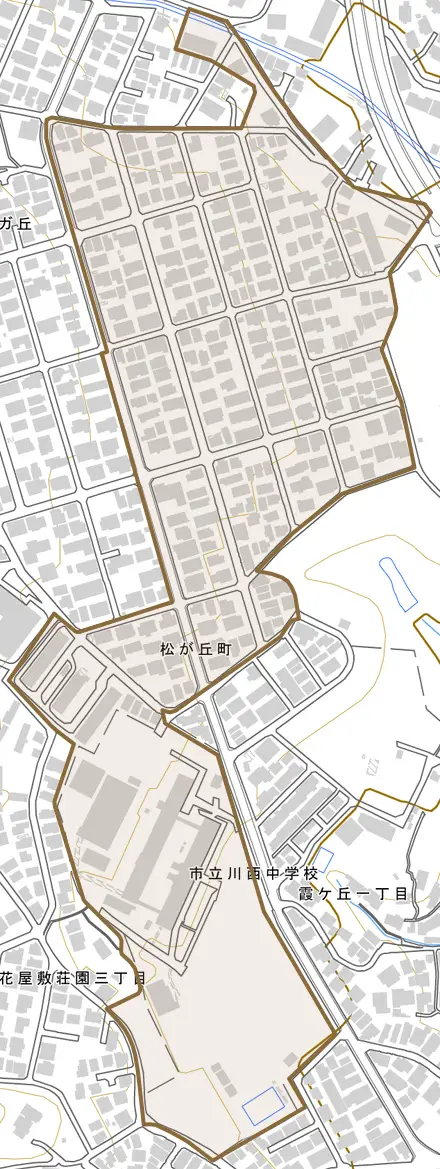 松が丘町とその周辺の地図。町の範囲を重ねている