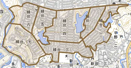 緑台とその周辺の地図。町の範囲を重ねている