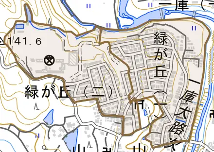 緑が丘とその周辺の地図。町の範囲を重ねている