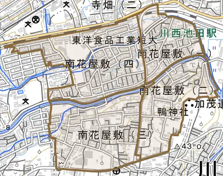 南花屋敷とその周辺の地図。町の範囲を重ねている